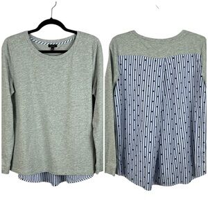 Talbots Cotton Mix Media Striped Polka Dot Long Sleeve Top Medium Grey Blue
